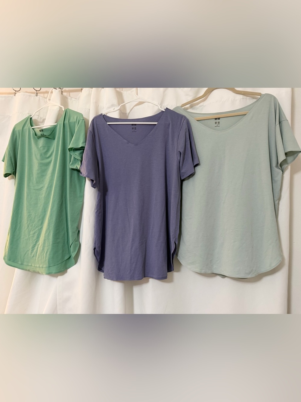 Uniqlo Short Sleeve Tees in Mint, Lavender, and aqua